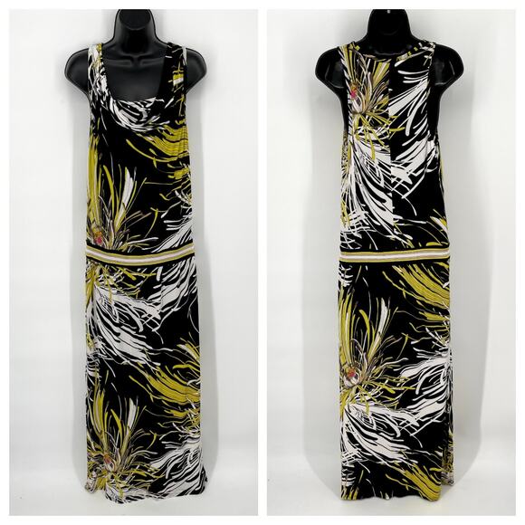 Trina Turk Felana Spider Mum Maxi Dress Sz 8 Black Yellow Draped Scoop Neck - Picture 1 of 10